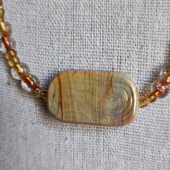 Round Beaded Seed Bead Honey Color Variegated Ceramic Stone Necklace - Picture 5 of 10